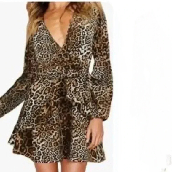 Huguest Leopard Ruffle Deep Drop Neckline Mini Dress with Belt Tie - Picture 1 of 9